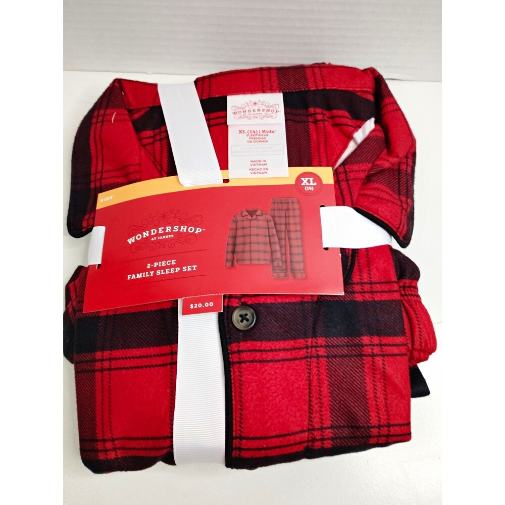 Wondershop Pajama Set XL Kids Fleece Polyester Plaid Red/Black Collared Button